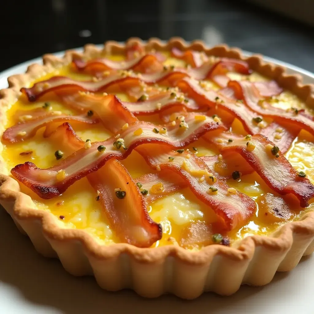 a photo of a quiche Lorraine infused with truffle oil and topped with crispy bacon lattice.