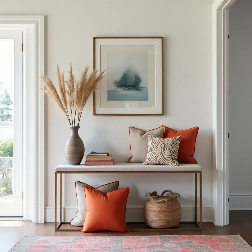 a photo of a modern entrance hall showcasing colorful throw pillows on a console table