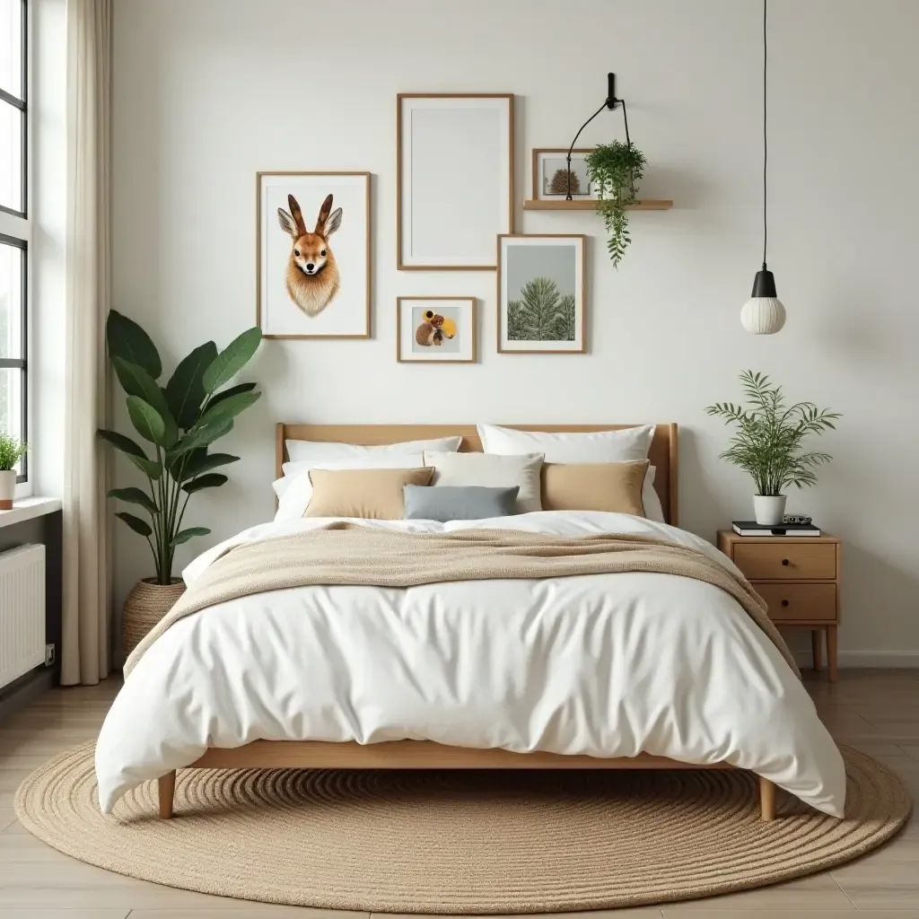 a photo of a nature-themed bedroom with plants and animal decor