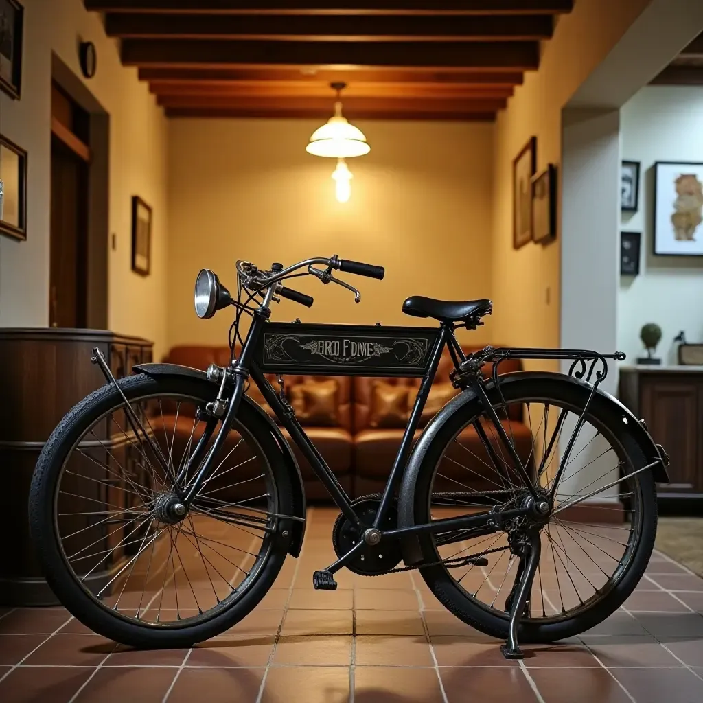 a photo of an old-fashioned bicycle as decor in a basement