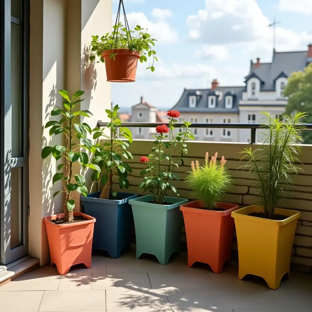 a photo of a playful balcony with colorful storage bins and hanging plants