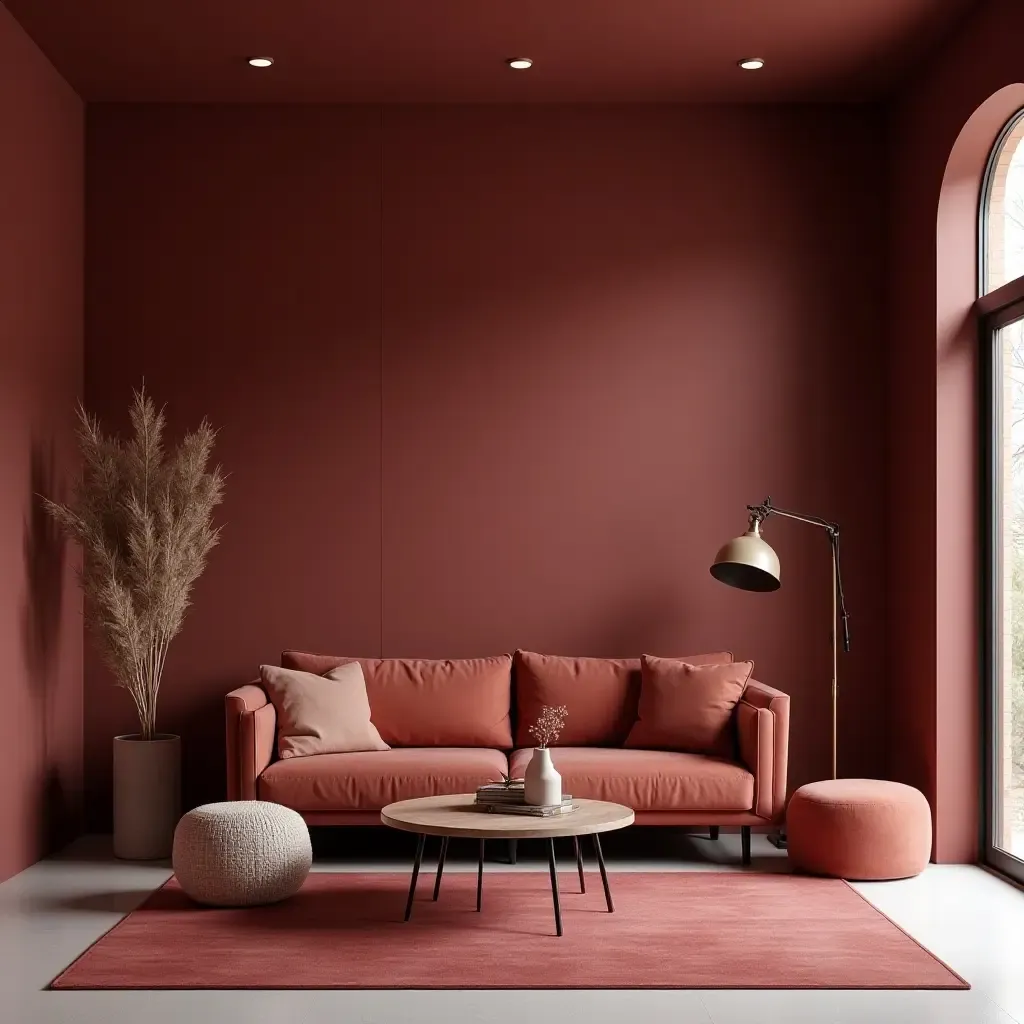 a photo of a maroon living room with a minimalist design and bold accent pieces