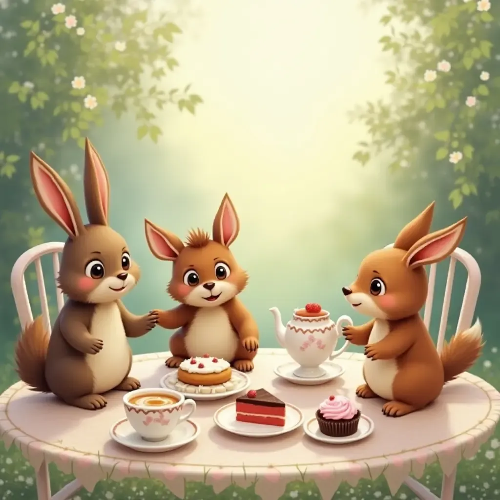 a photo of a delightful tea party with charming animals and treats