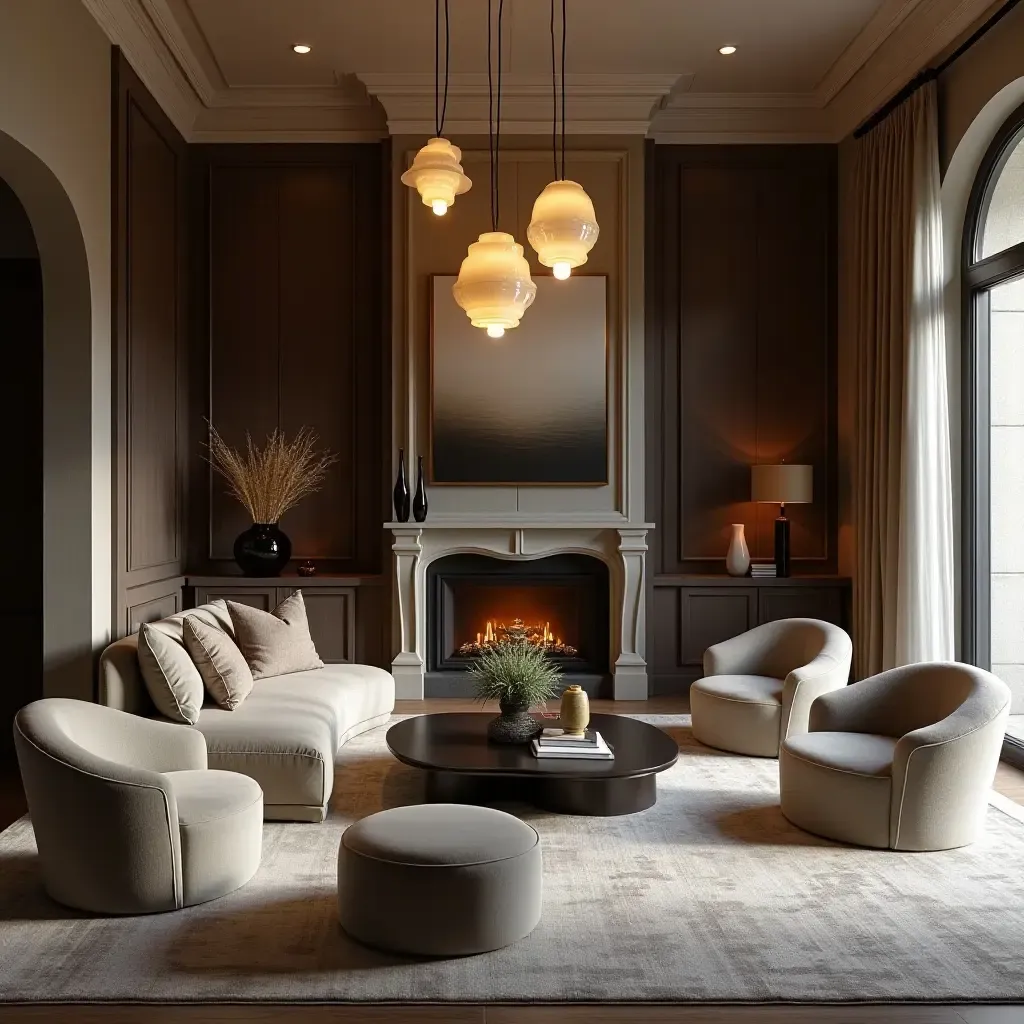 a photo of a luxurious living room with oversized pendant lights and rich textures