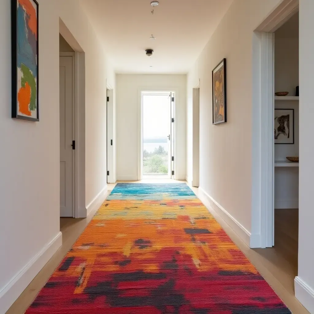 a photo of a vibrant, abstract rug with bold colors in a narrow hallway