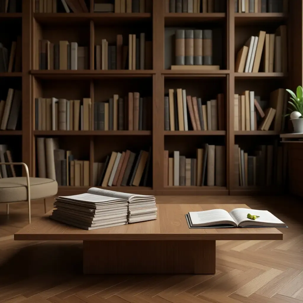 a photo of a library with a wooden coffee table and magazines