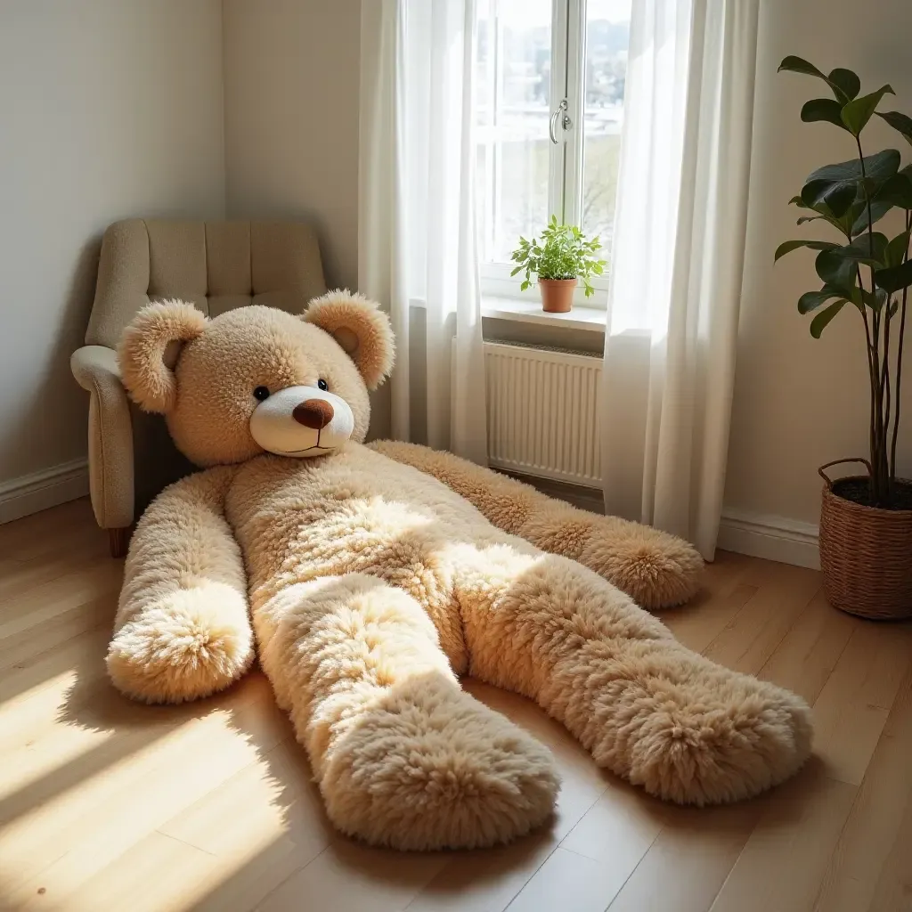 a photo of a rug resembling a giant teddy bear in a cozy corner