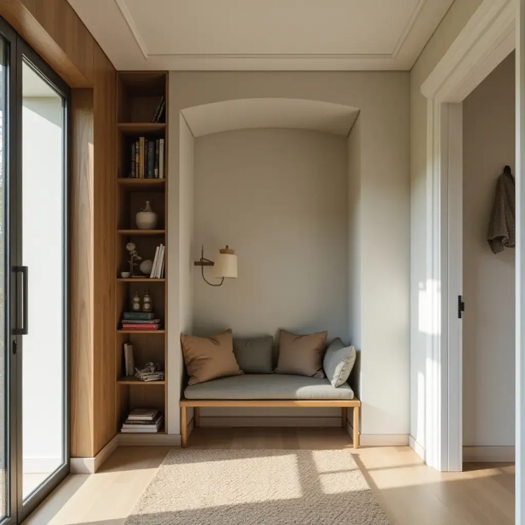 a photo of an entrance hall with a cozy reading nook