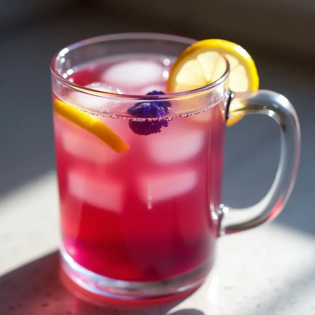 a photo of a vibrant Thai butterfly pea flower tea with ice and lemon slices.