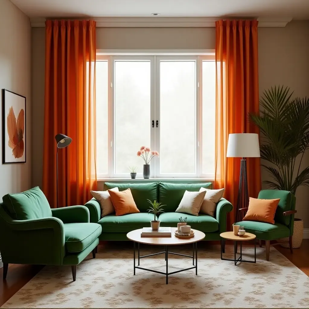 a photo of a chic living room with burnt orange curtains and green furniture