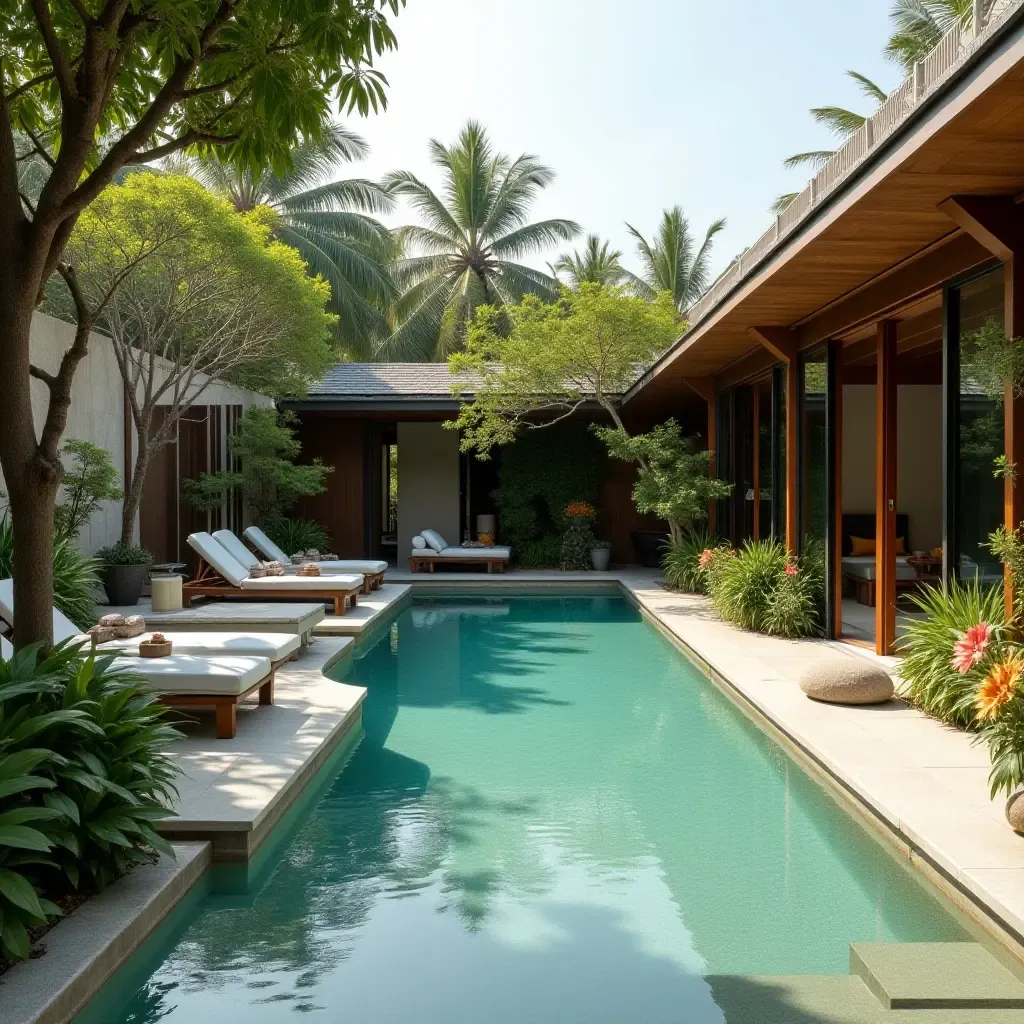 a photo of a peaceful lounge area by the pool with a zen garden vibe