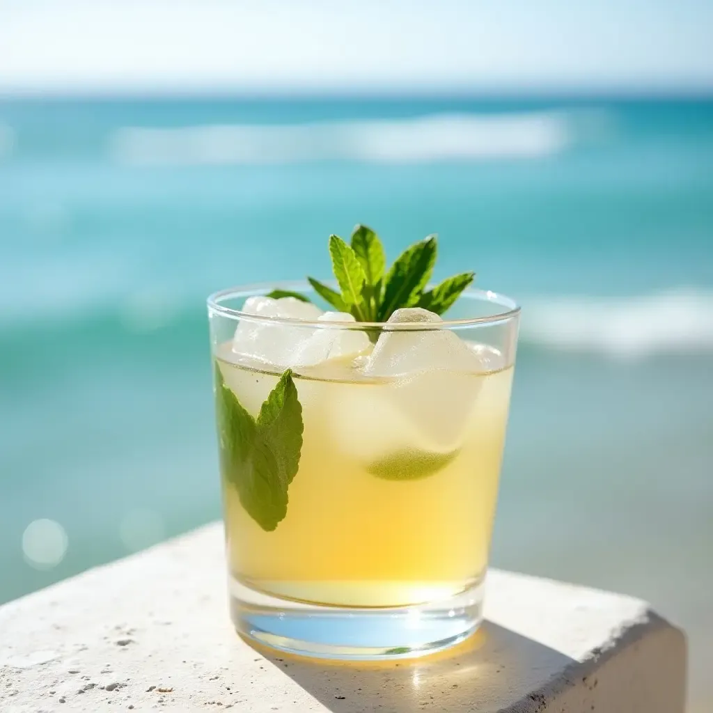 a photo of a chilled glass of mastiha liqueur, with ice cubes and a sprig of mint, by the sea.