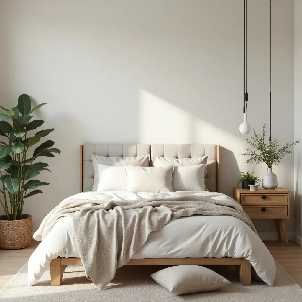 a photo of a serene farmhouse bedroom with soft, muted colors and plants