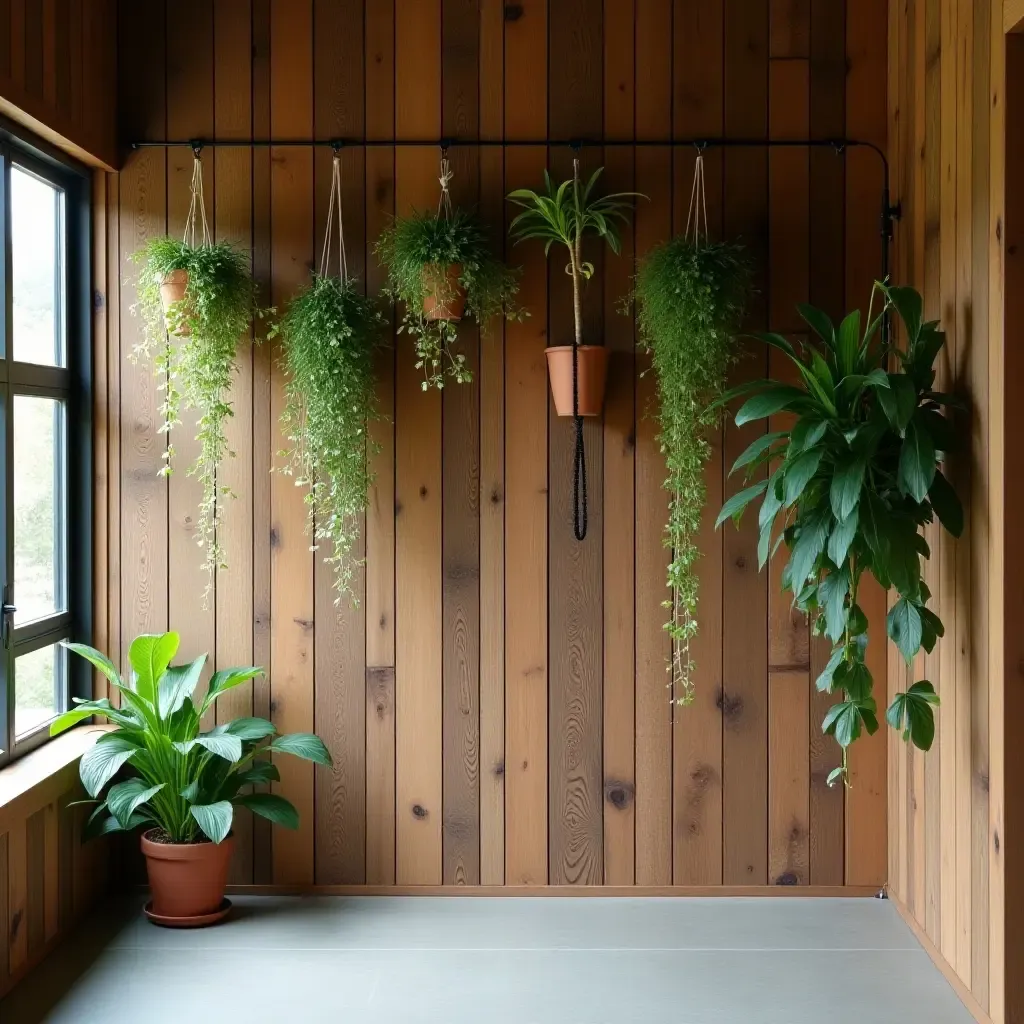 a photo of a rustic wooden wall adorned with hanging plants in a hallway