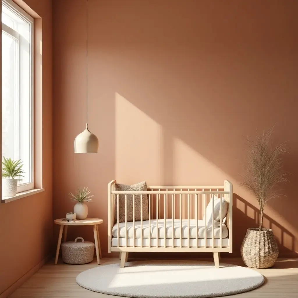 a photo of a nursery with a soft terracotta color scheme and natural textures