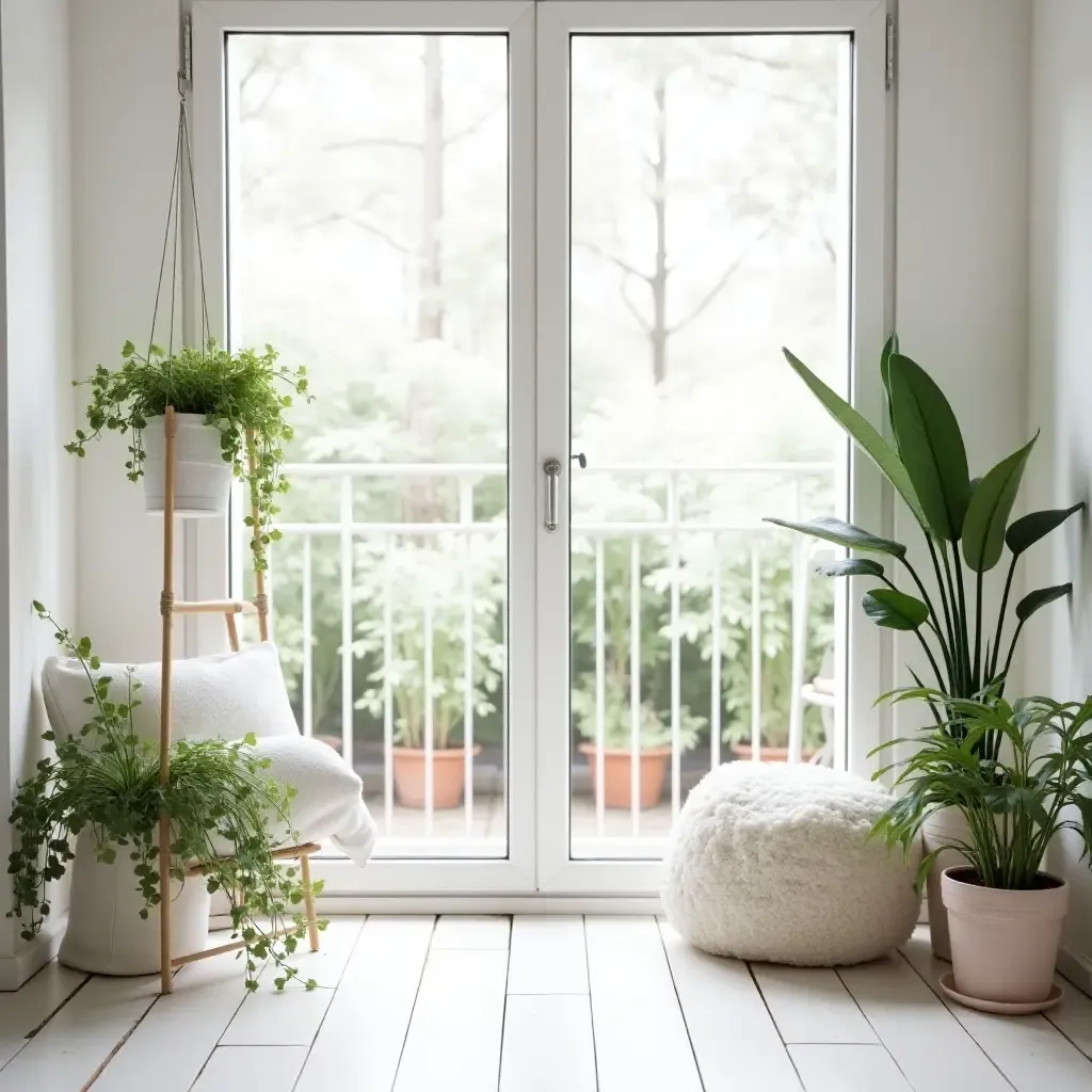 a photo of a bright Scandinavian-inspired balcony with hanging plants and white decor