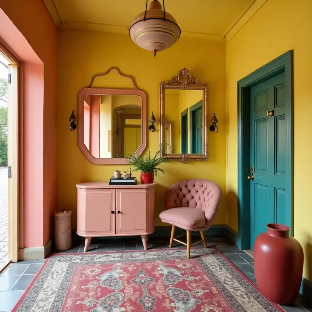 a photo of a vintage-style entrance hall adorned with quirky mirrors and bright colors