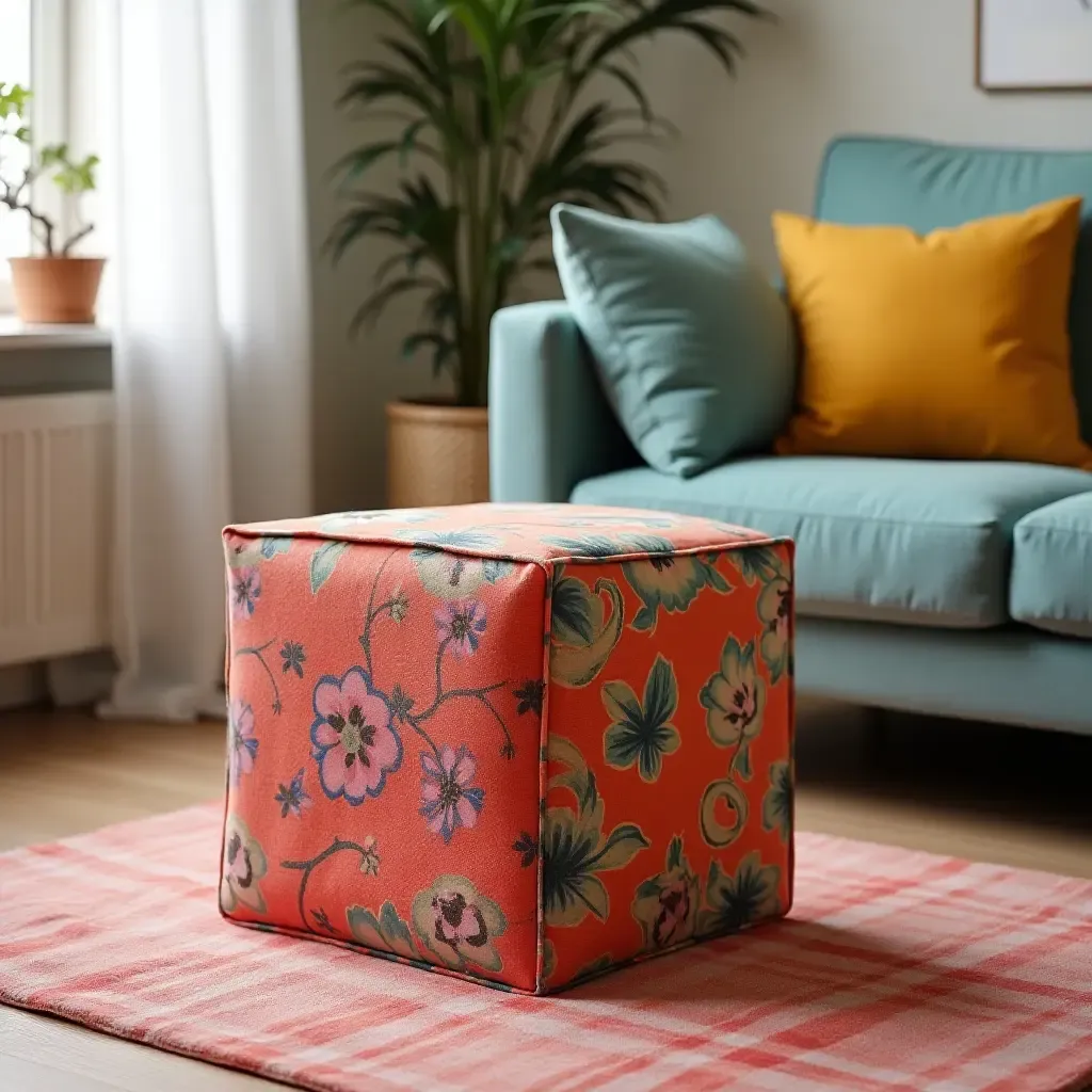 a photo of a vibrant fabric storage cube in a colorful living room