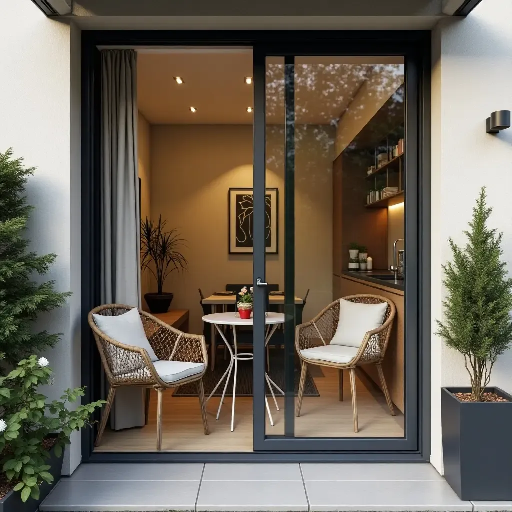 a photo of a compact balcony with clever storage solutions and a small bistro set