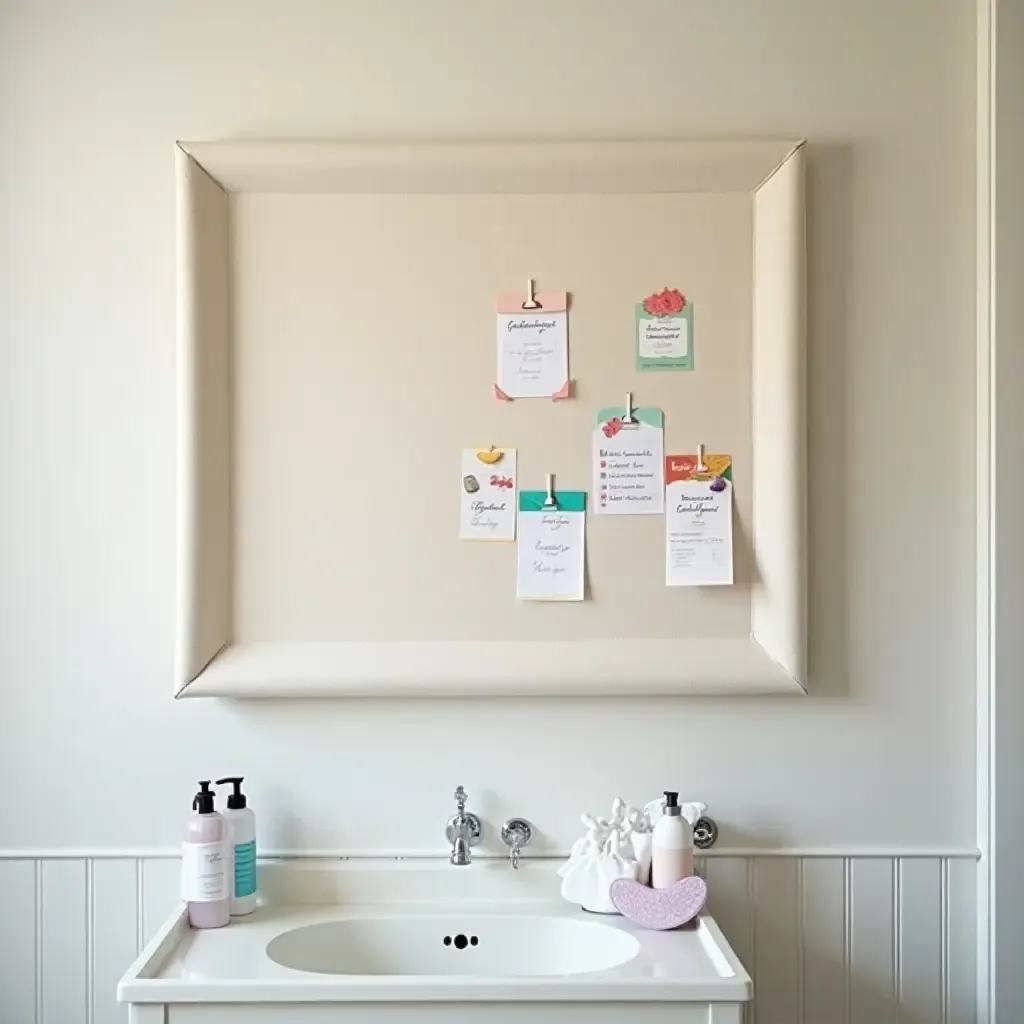 a photo of a fabric-covered bulletin board for bathroom notes