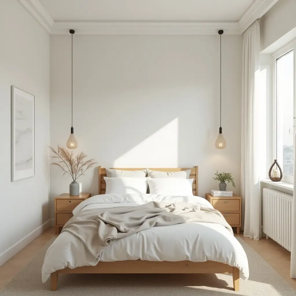 a photo of a bright bedroom with white walls and wooden accents