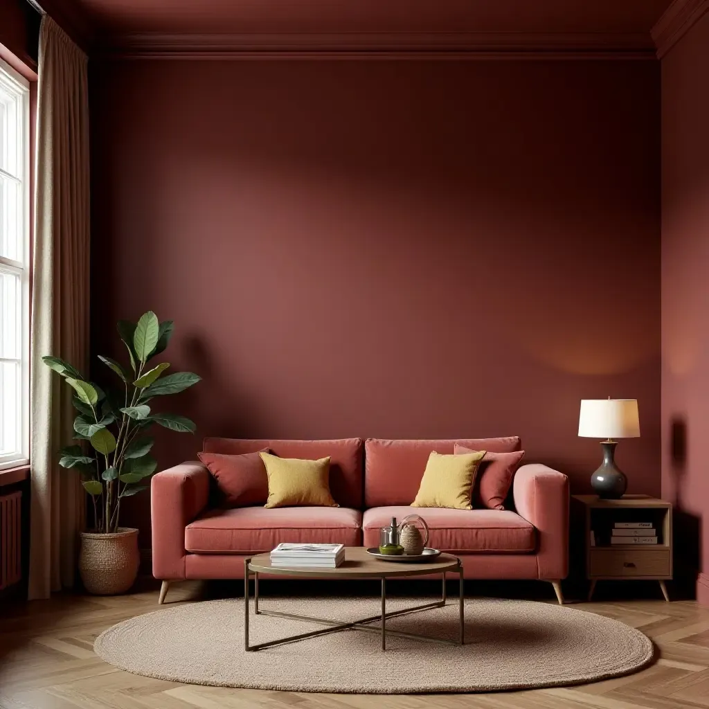 a photo of a maroon living room with vintage decor and a warm, inviting atmosphere