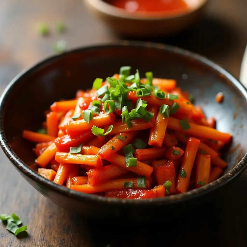 a photo of stir-fry with kimchi and gochujang, spicy red tones, Korean flavors, rustic table setting