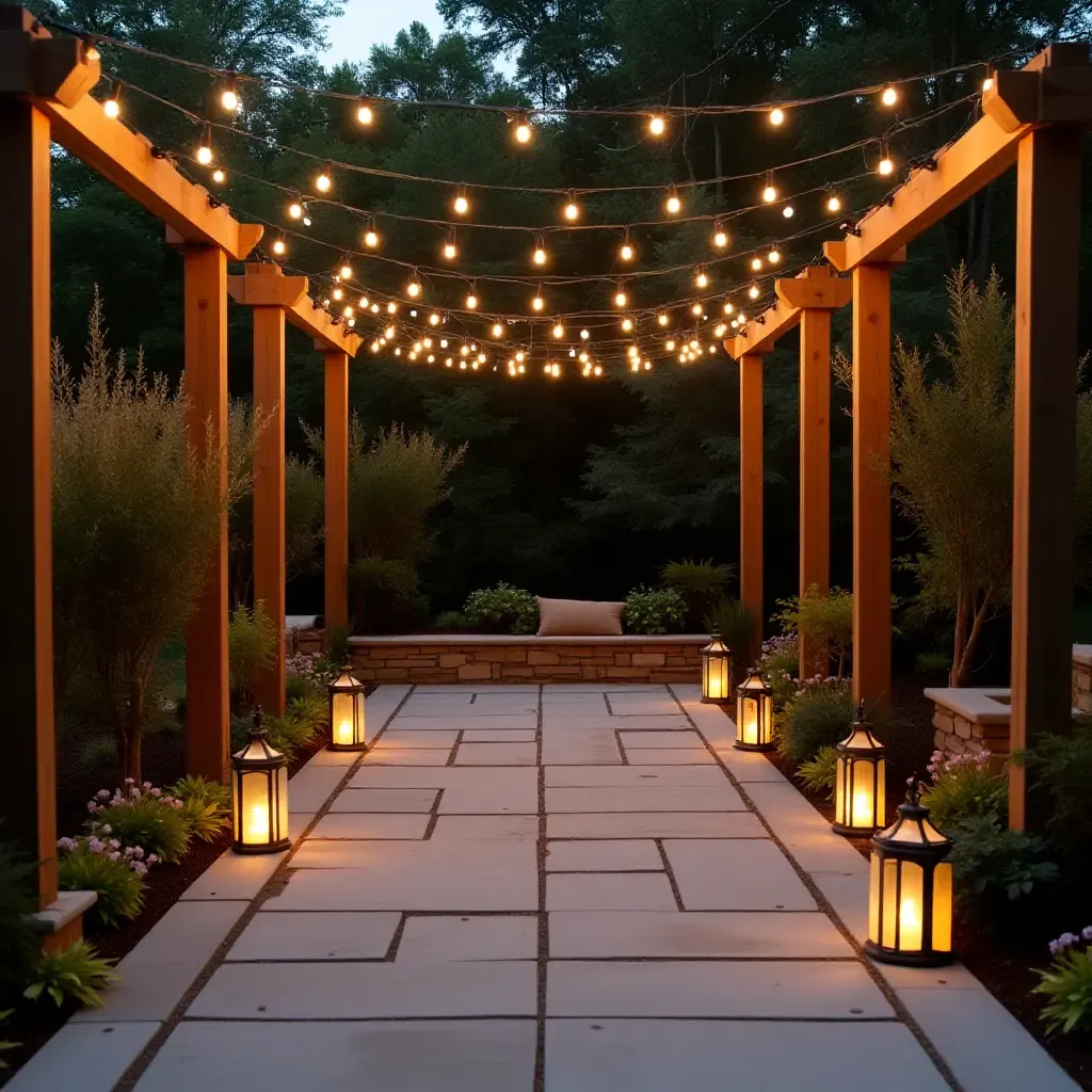 a photo of a concrete patio adorned with string lights and lanterns for ambiance