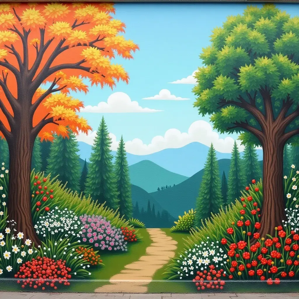 a photo of a mural depicting seasonal changes in a garden