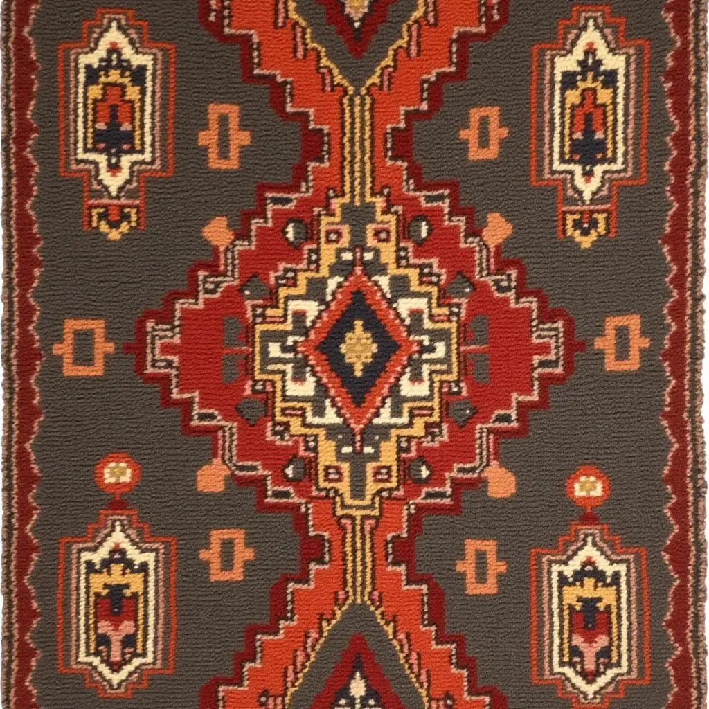 a photo of a bohemian-inspired rug with deep, earthy tones