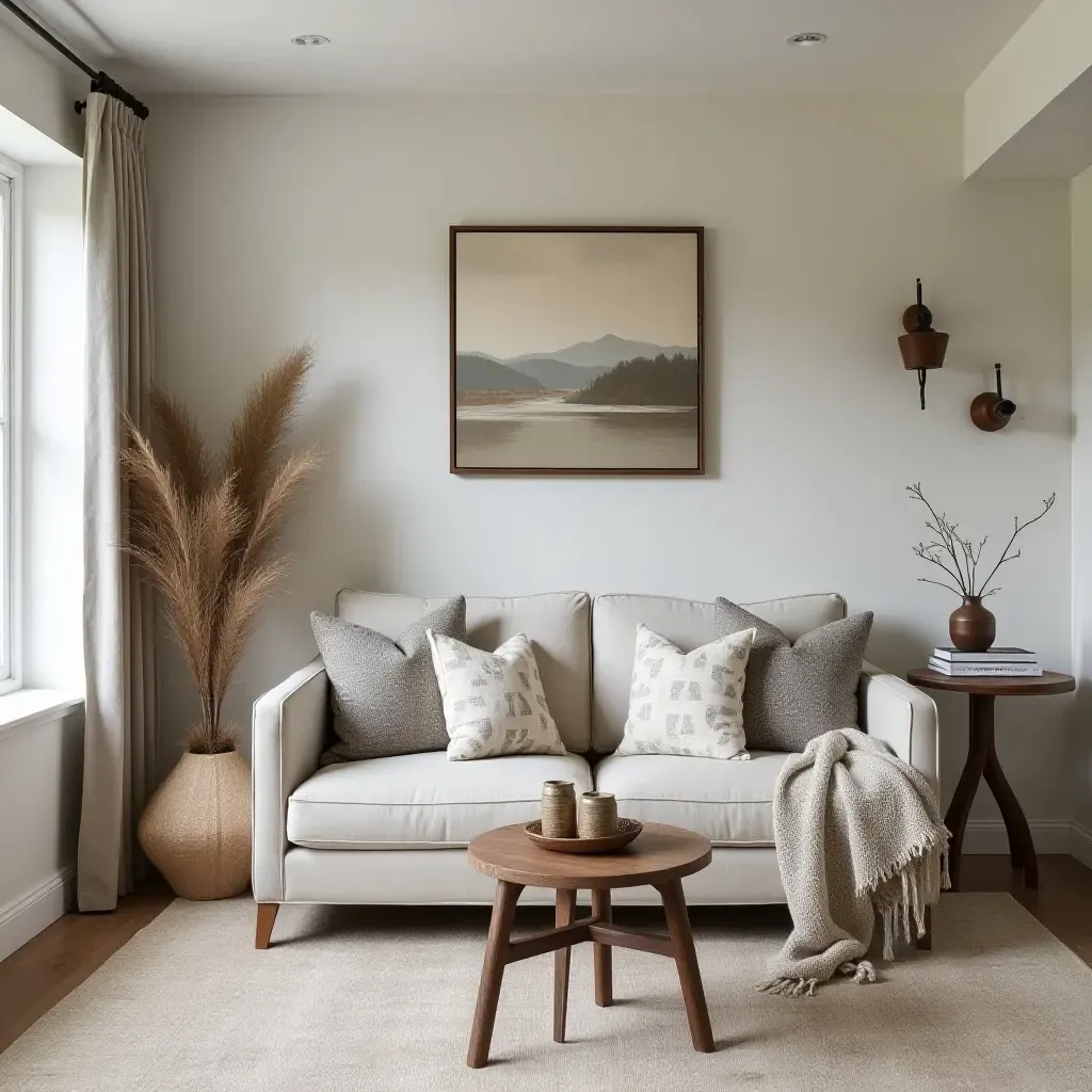 a photo of a basement retreat area styled with cozy farmhouse textiles