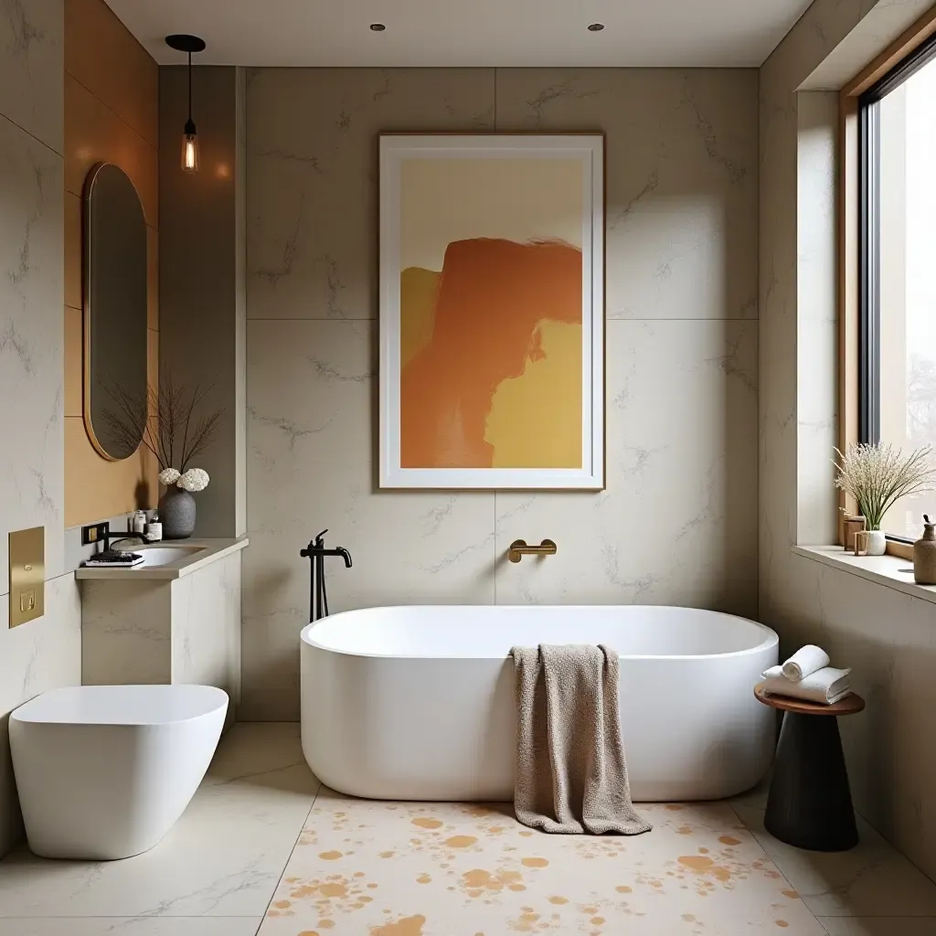 a photo of a bathroom with a bold accent wall and artistic decor