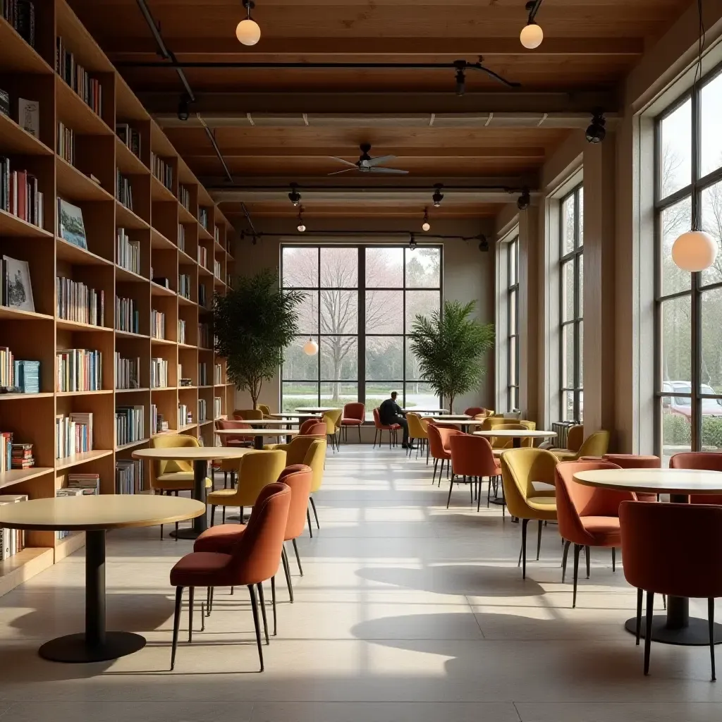 a photo of a library with a coffee shop and social gathering areas