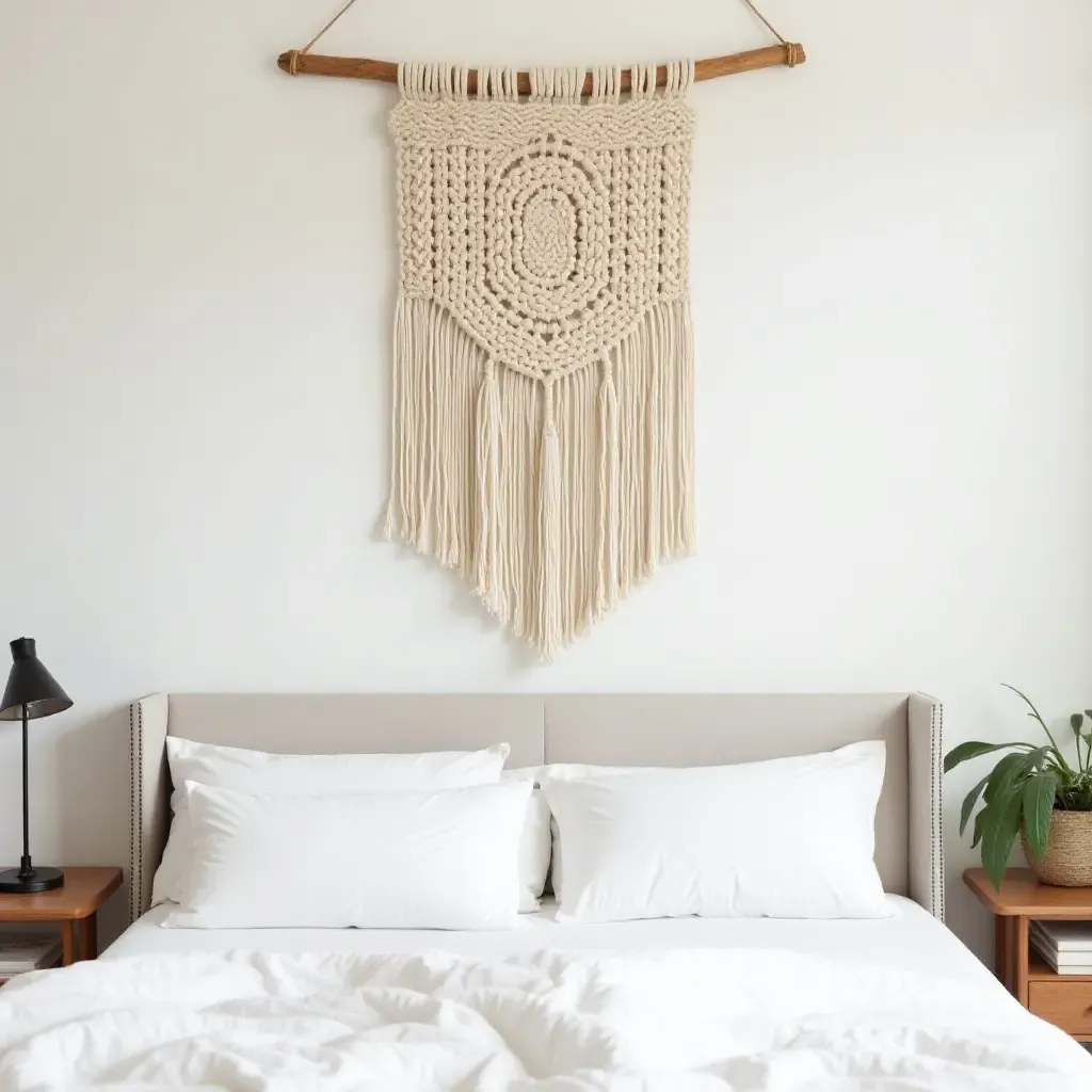 a photo of a macrame wall hanging above a bed