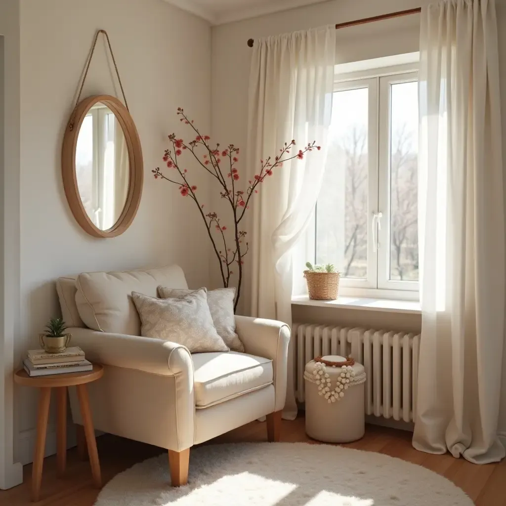 a photo of a cozy vanity nook with a comfortable chair and soft pillows