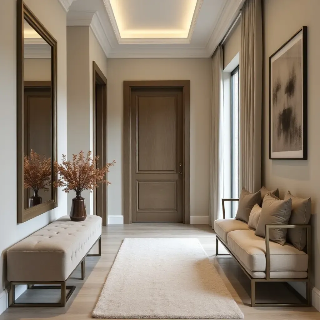 a photo of an entrance hall with metallic accents in furniture upholstery