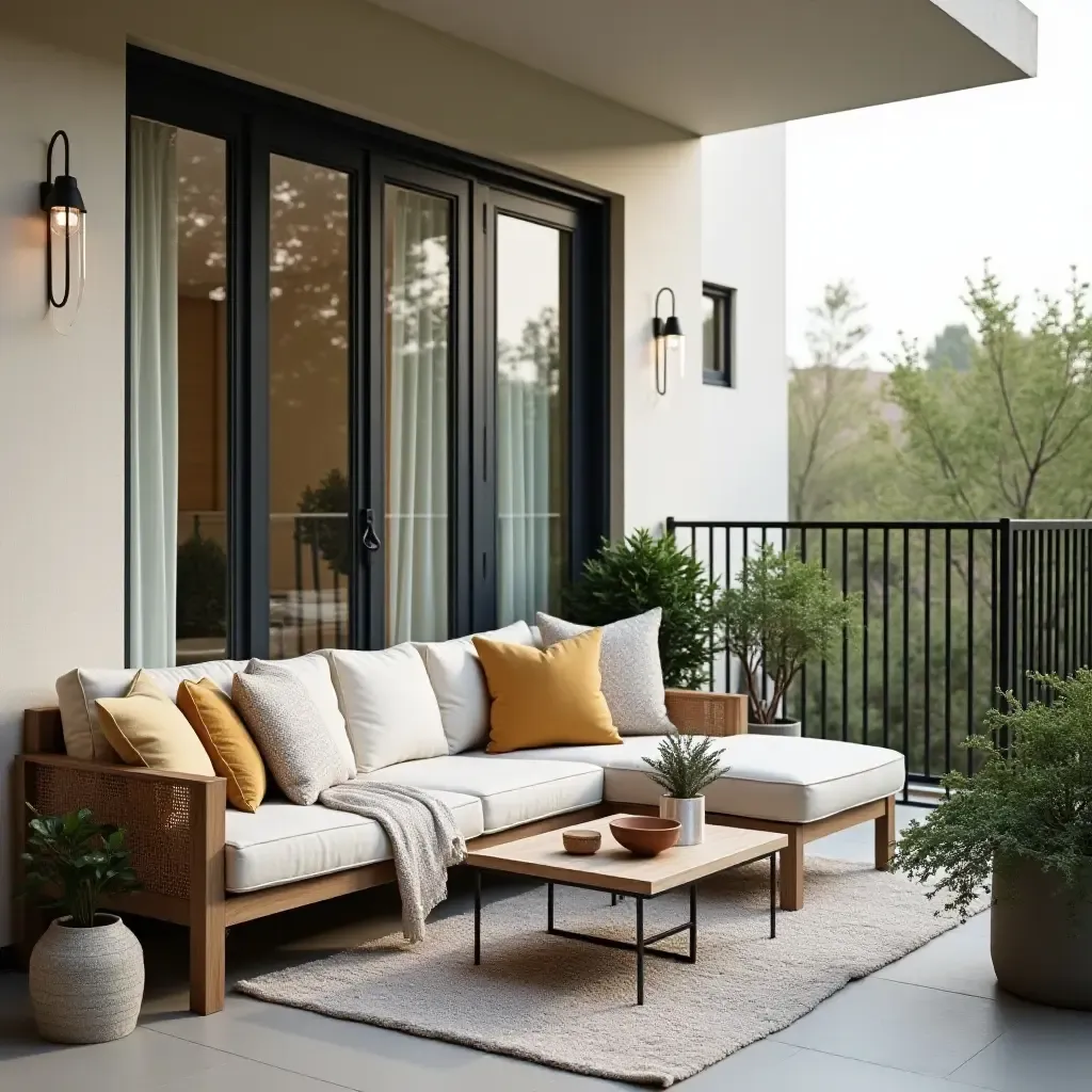 a photo of a balcony with a cozy outdoor sofa and decorative pillows