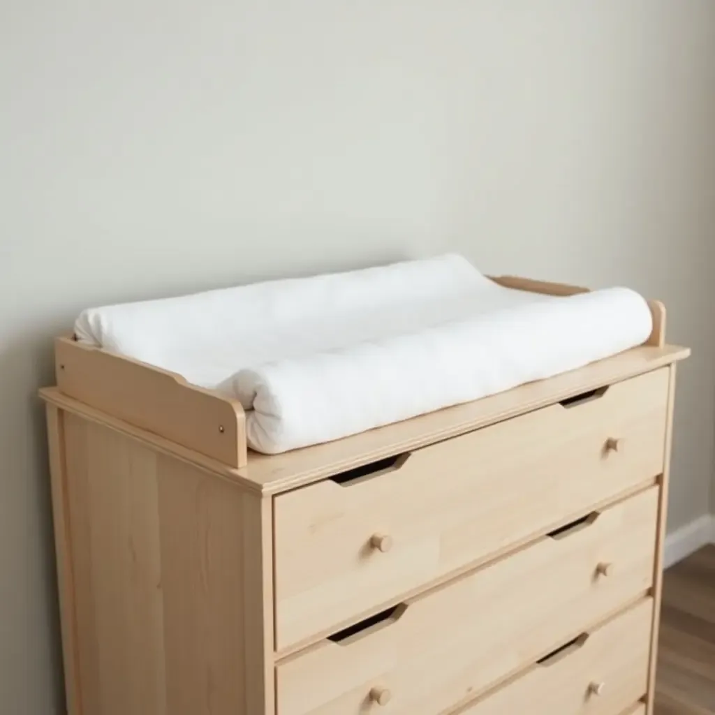 a photo of a wooden changing pad on a dresser