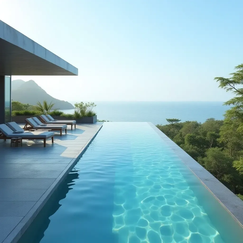 a photo of a stylish infinity pool with contrasting colors and scenic views