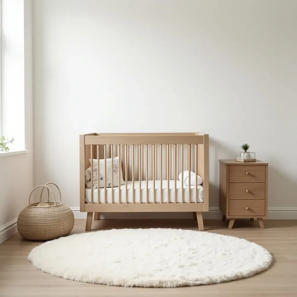 a photo of a nursery with a soft area rug and rustic wooden furniture