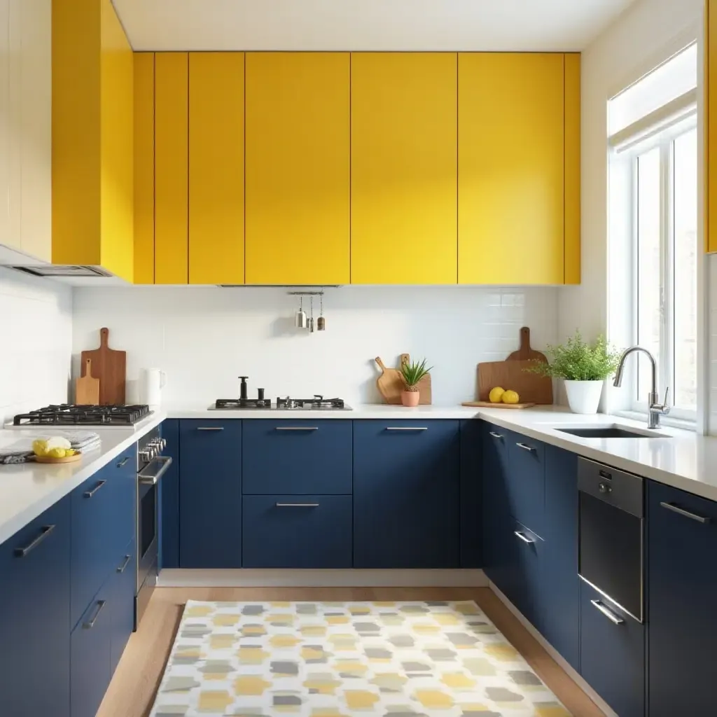 a photo of sunny yellow and deep navy cabinets for a cheerful kitchen