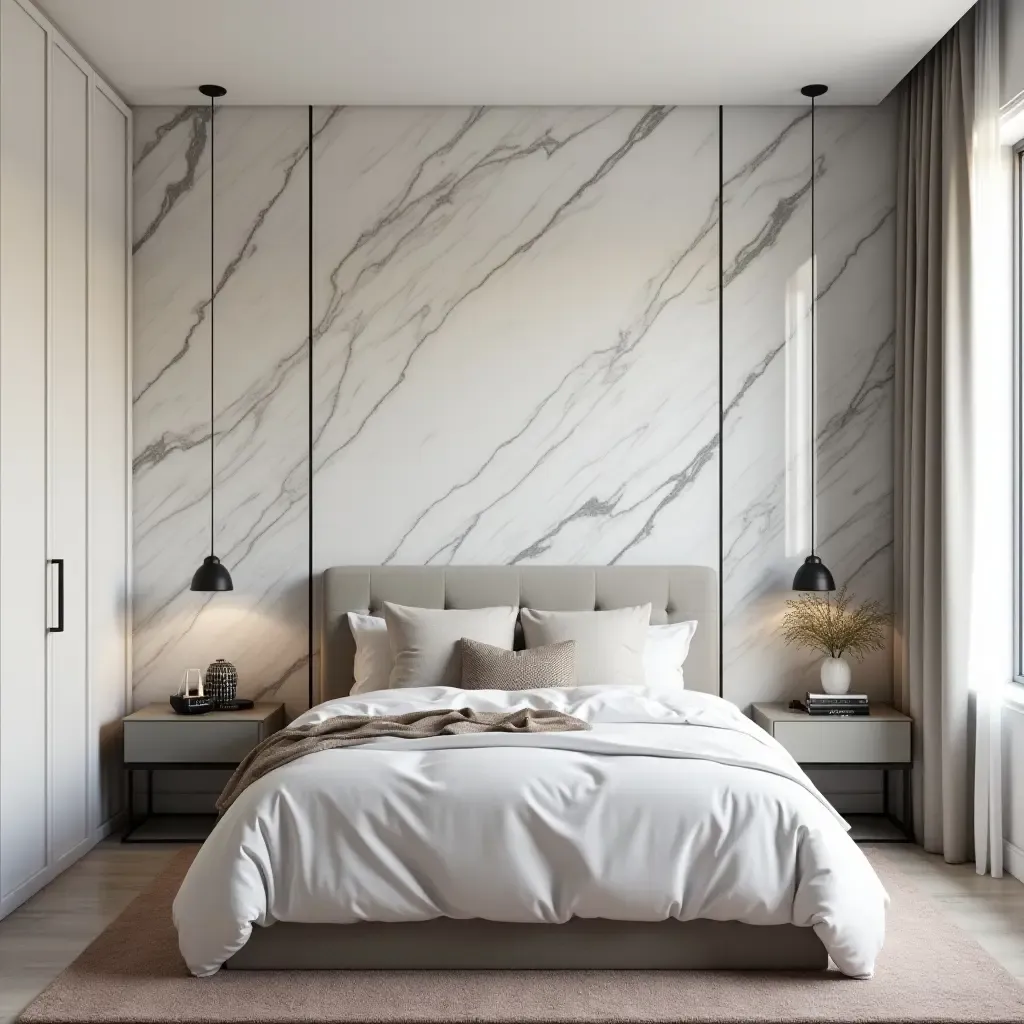 a photo of a teen bedroom featuring marble accent walls and stylish decor