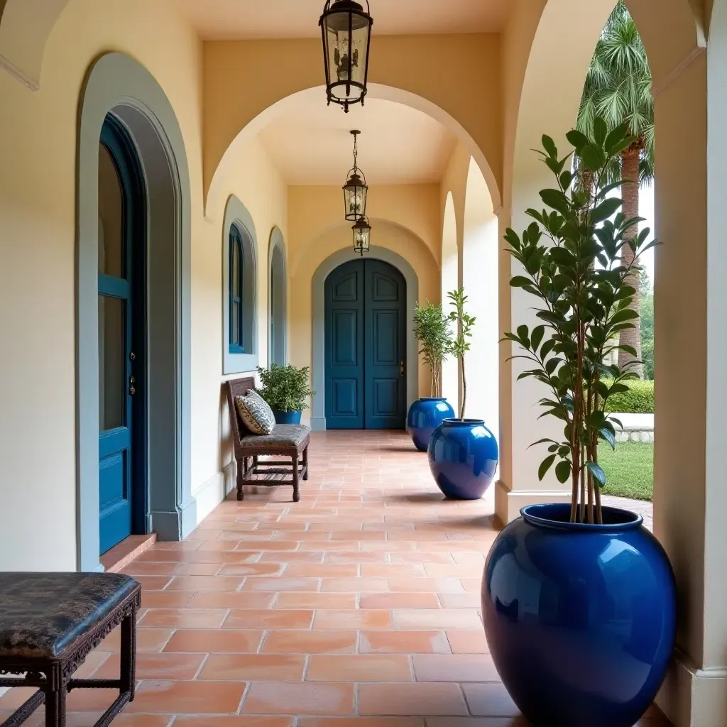 a photo of a Mediterranean-inspired corridor with terracotta tiles and vibrant blue accents