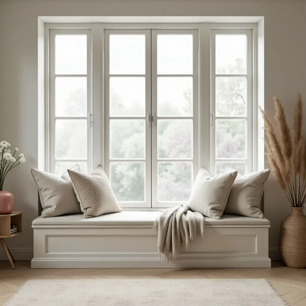 a photo of a cozy corner with a storage bench and cushions