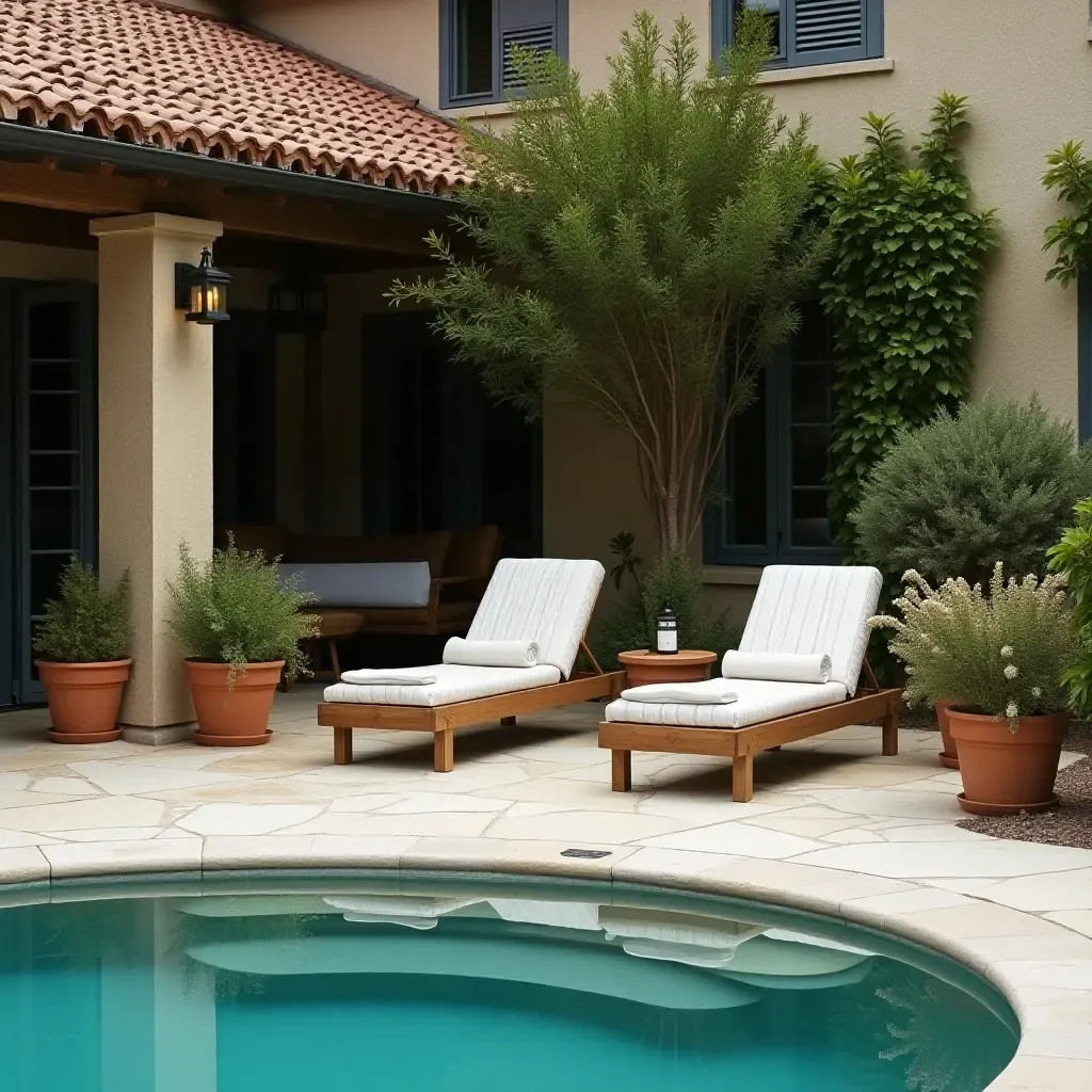 a photo of a cozy farmhouse poolside with rustic wooden loungers and potted plants