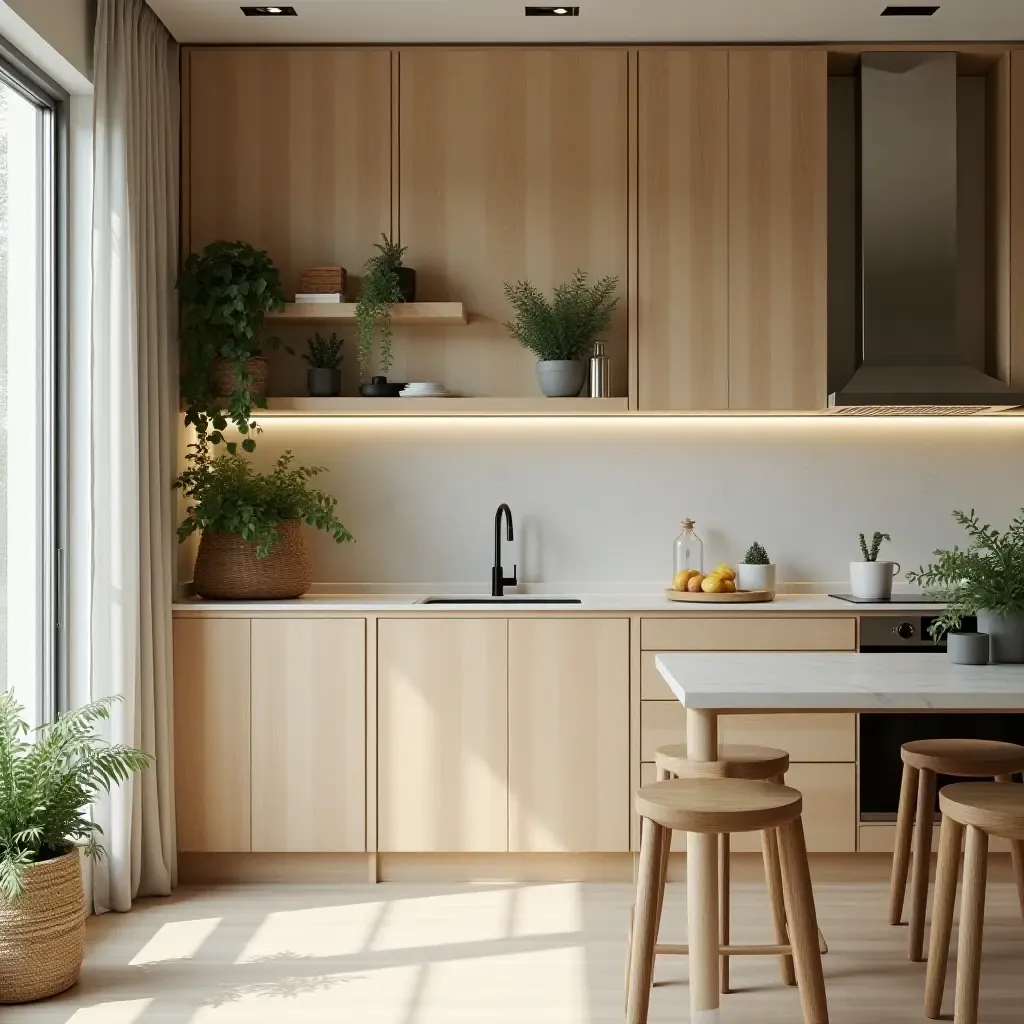 a photo of a cozy kitchen featuring light wood accents and greenery