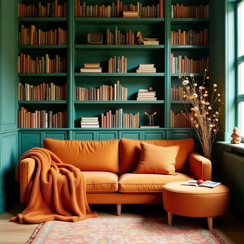 a photo of a cheerful reading nook with burnt orange throws and green bookshelves