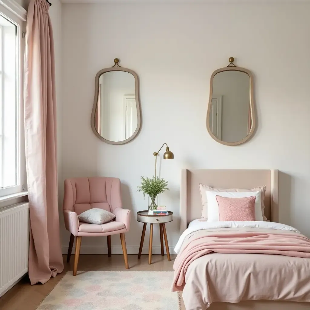 a photo of a playful teen room with fun-shaped mirrors