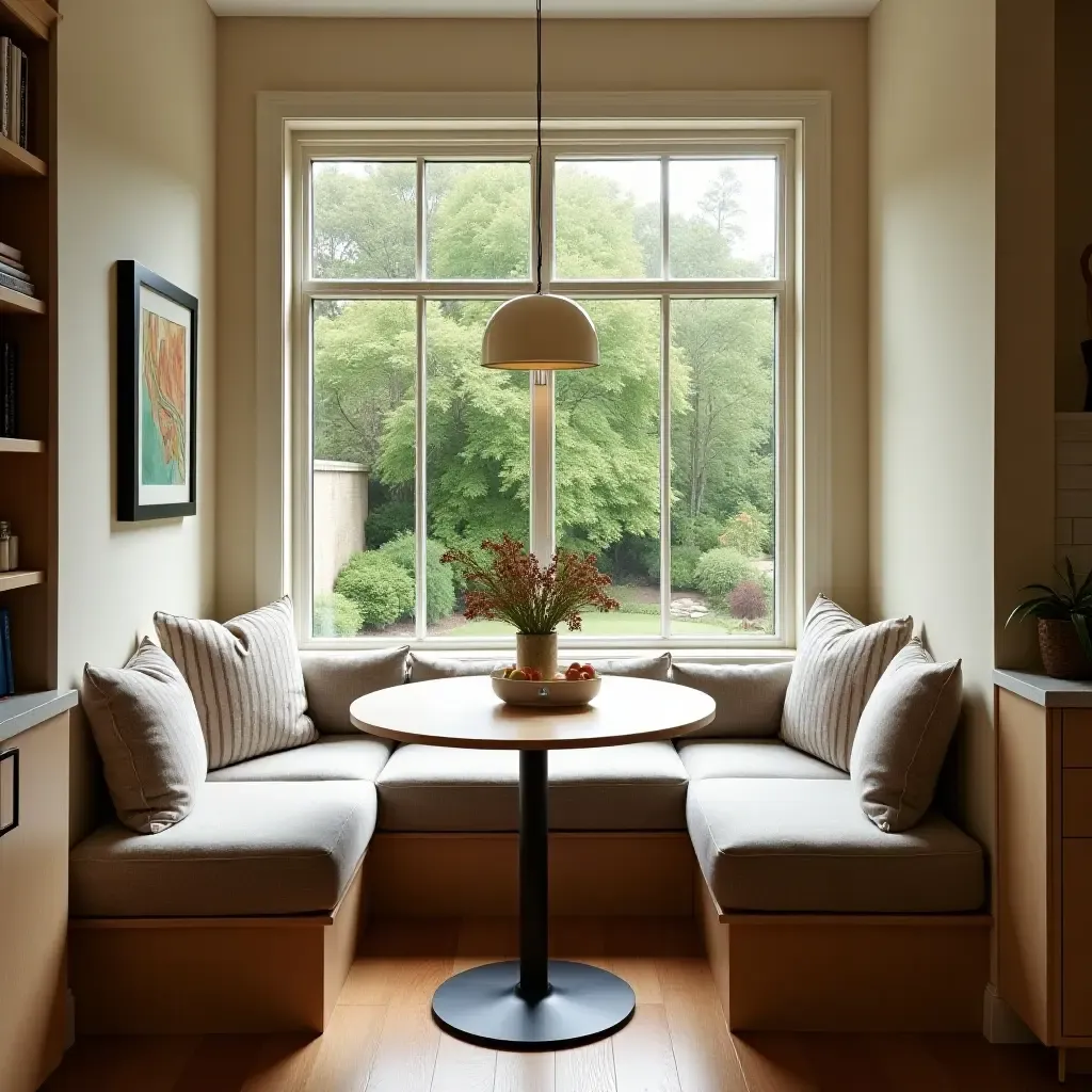 a photo of a breakfast nook with a small table and a view of the garden