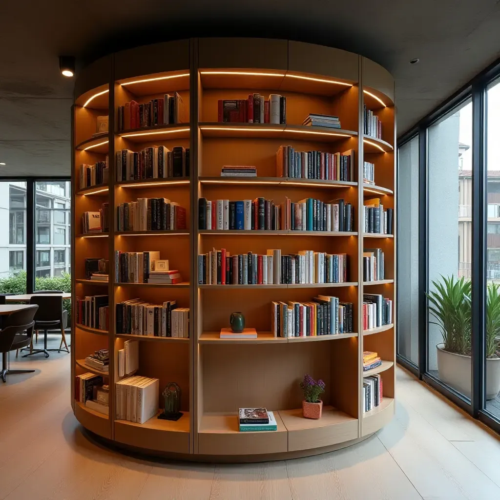 a photo of a library with a rotating bookshelf for easy access